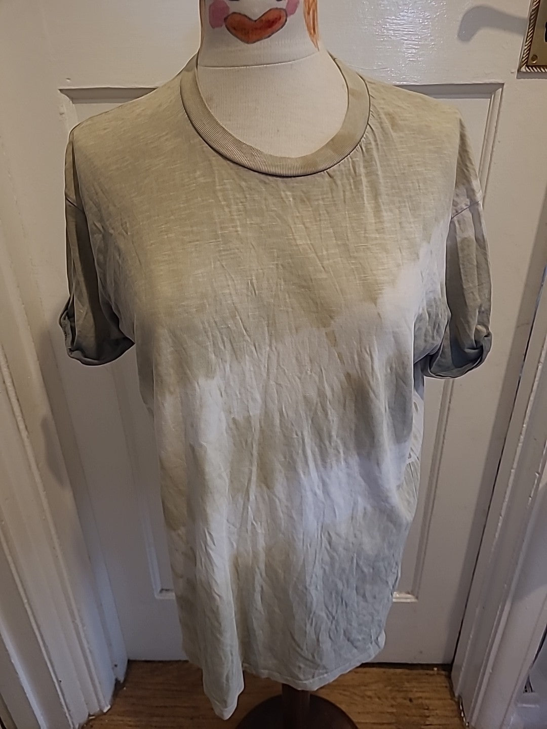 Mens Topman Size Medium Khaki And White Short Sleeved Tshirt(Hole By Label)