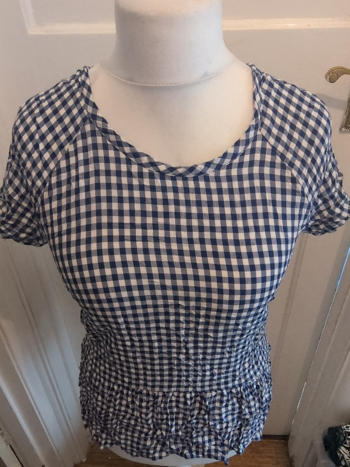 Primark 10 Blue Check V Detail Neck Short Sleeve Blouse