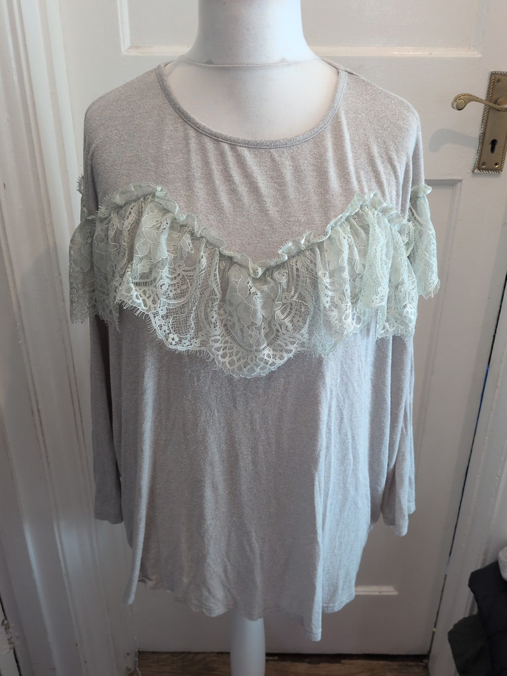 XL Grey With White Frill Long Sleeve Blouse