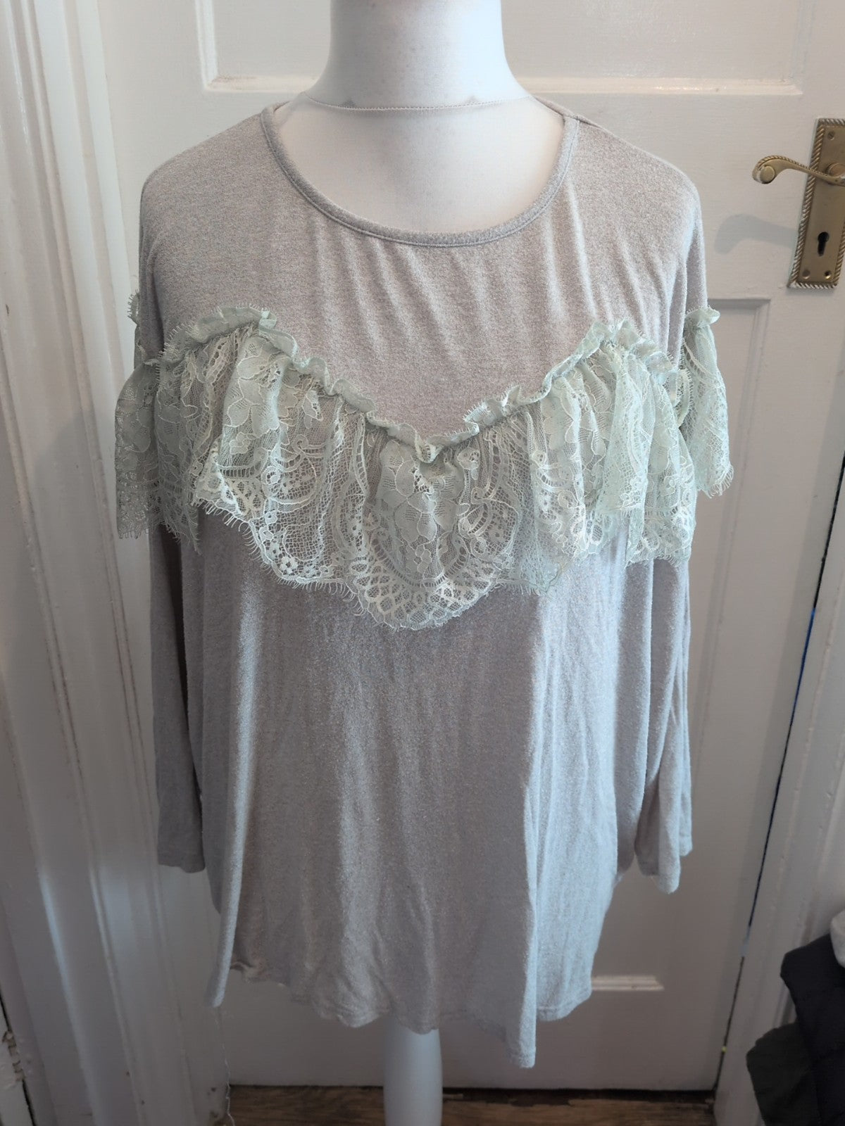XL Grey With White Frill Long Sleeve Blouse