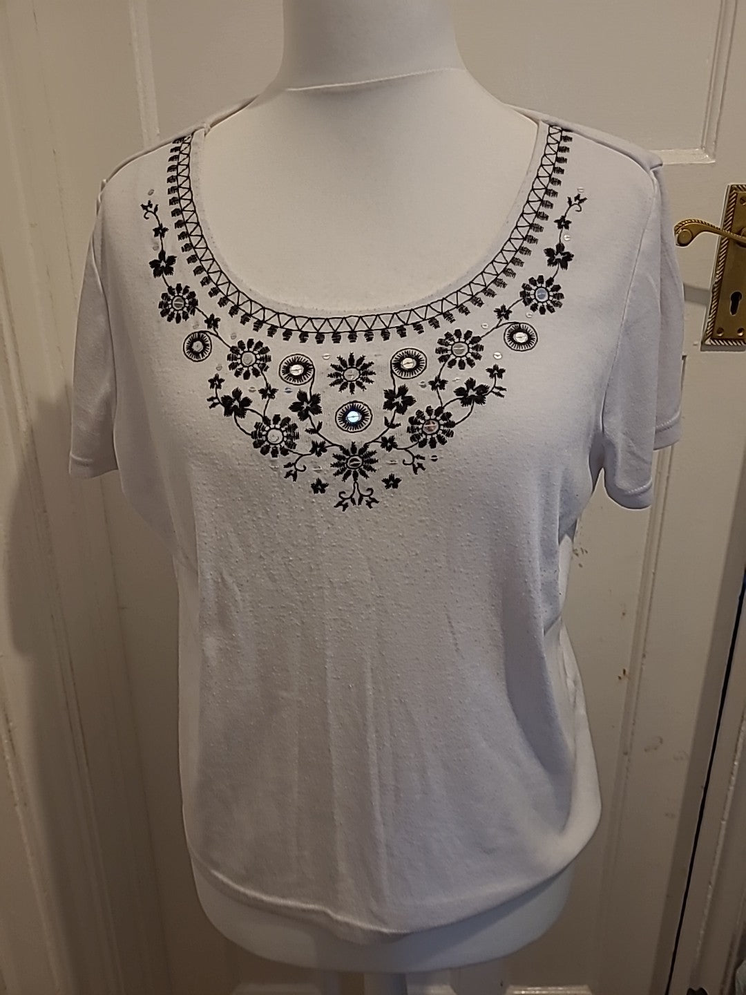 Ladies BM Size Large White With Black Embroidery Neck Tshirt