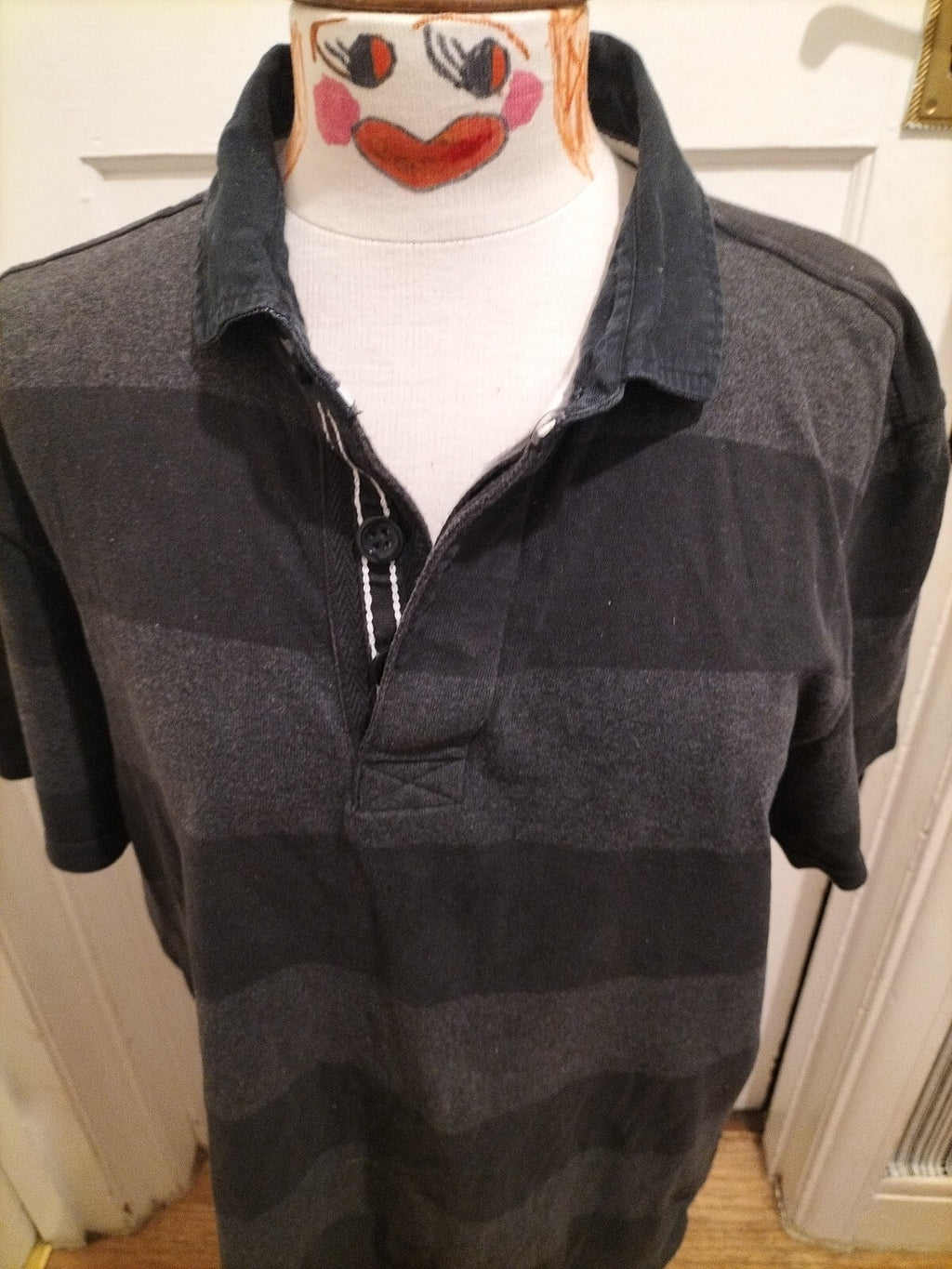 Mens TU Size Large Navy And Black Striped Short Sleeved Polo
