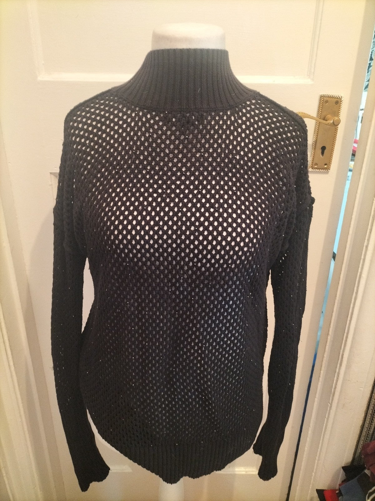 Ladies Next Size 10 Black Lace Knit Long Sleeved Pullover Jumper With Silver