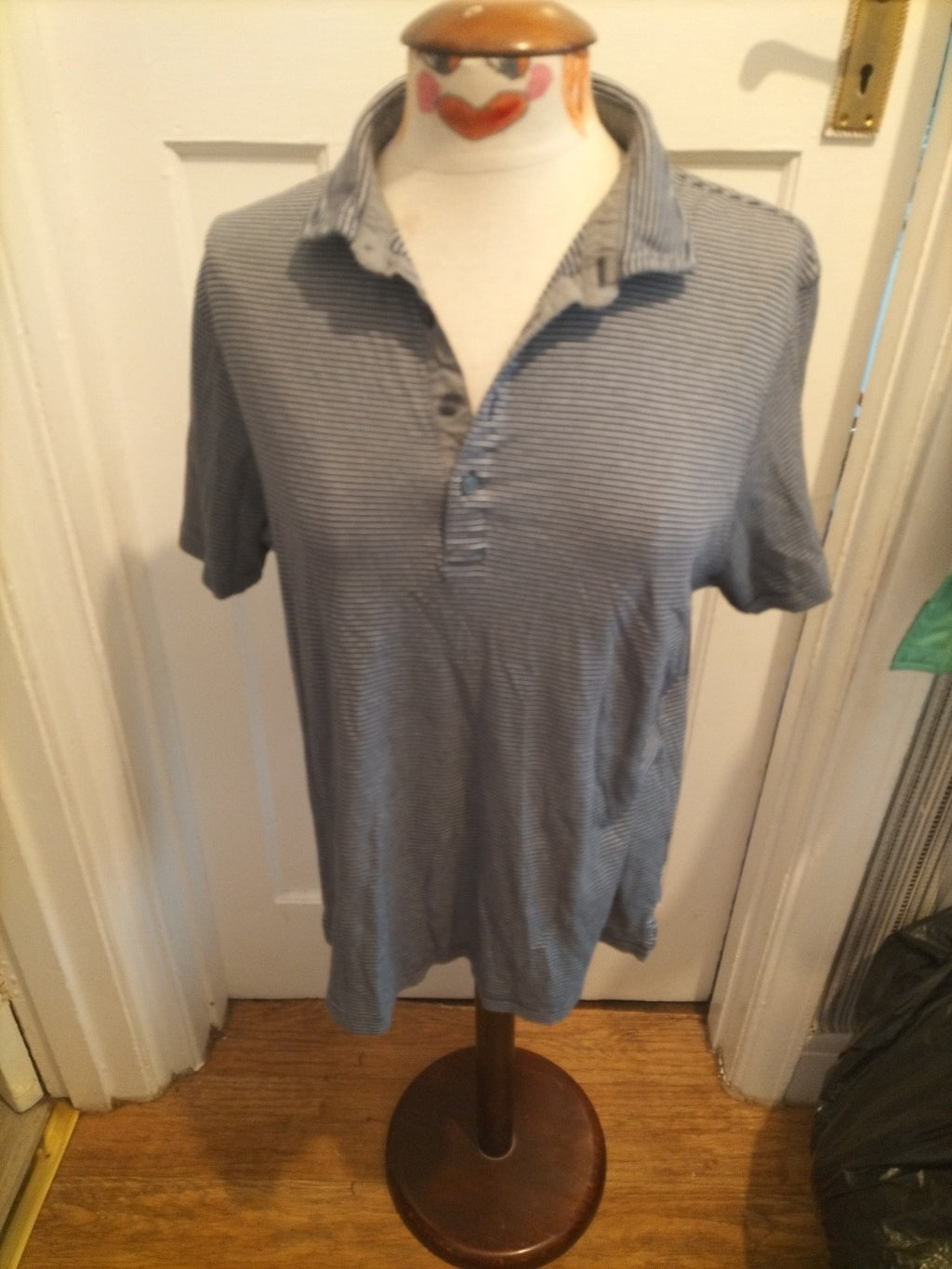 Mens Marks And Spencer Size Large Tailored Fit Navy Grey Striped Polo