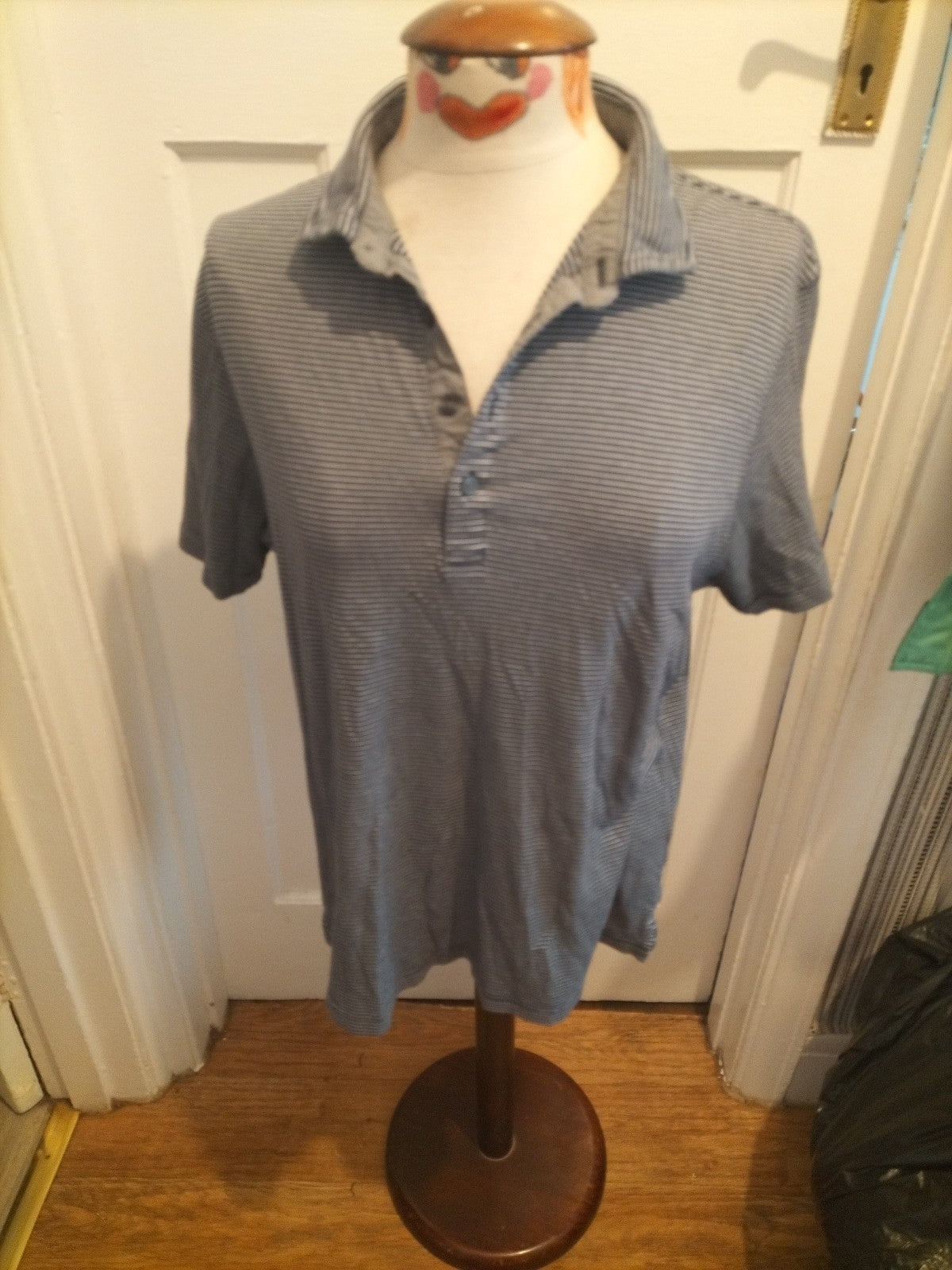 Mens Marks And Spencer Size Large Tailored Fit Navy Grey Striped Polo