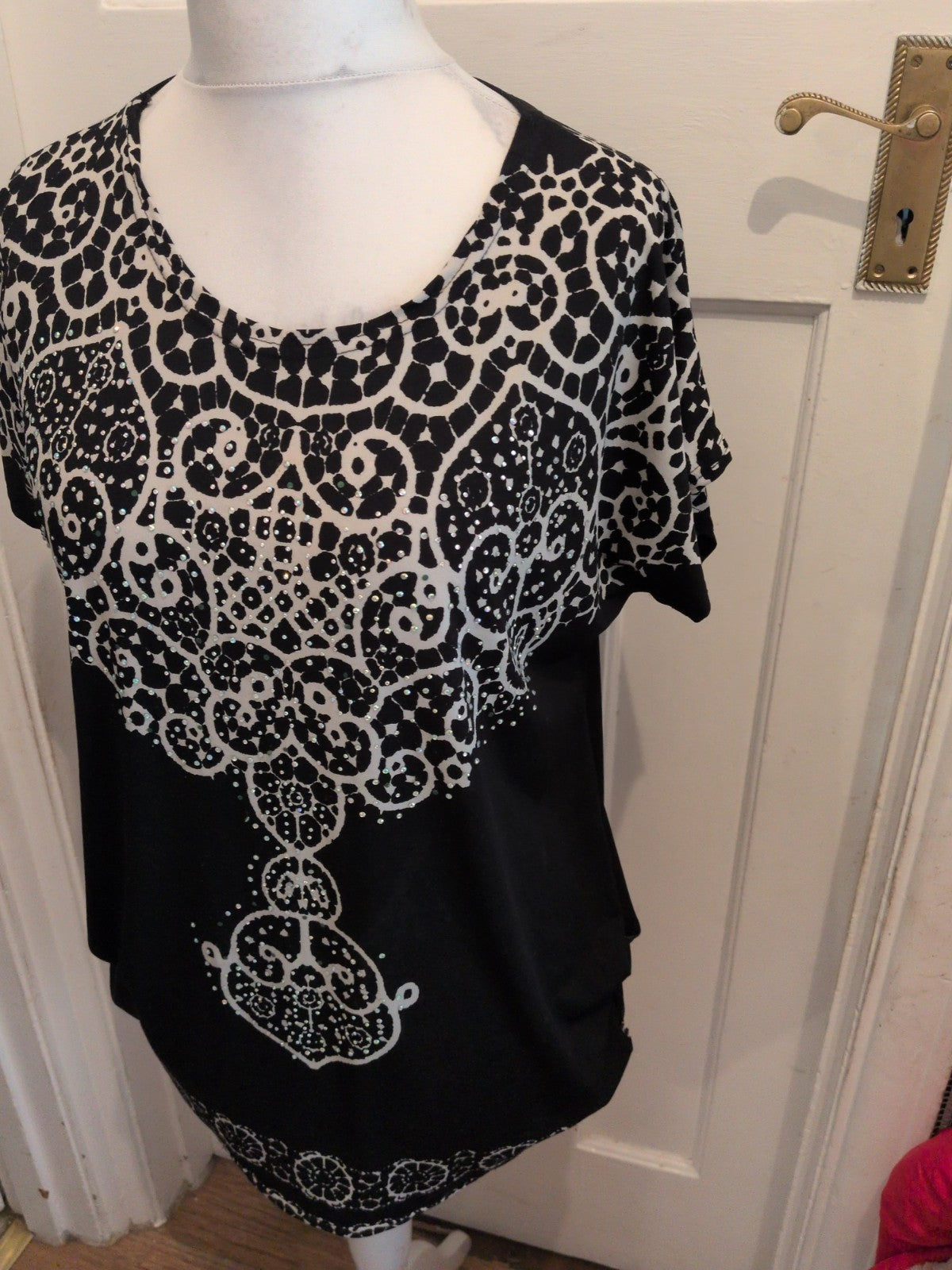 Ladies Nutshell Free Size Black White With Studs Short Sleeve Blouse