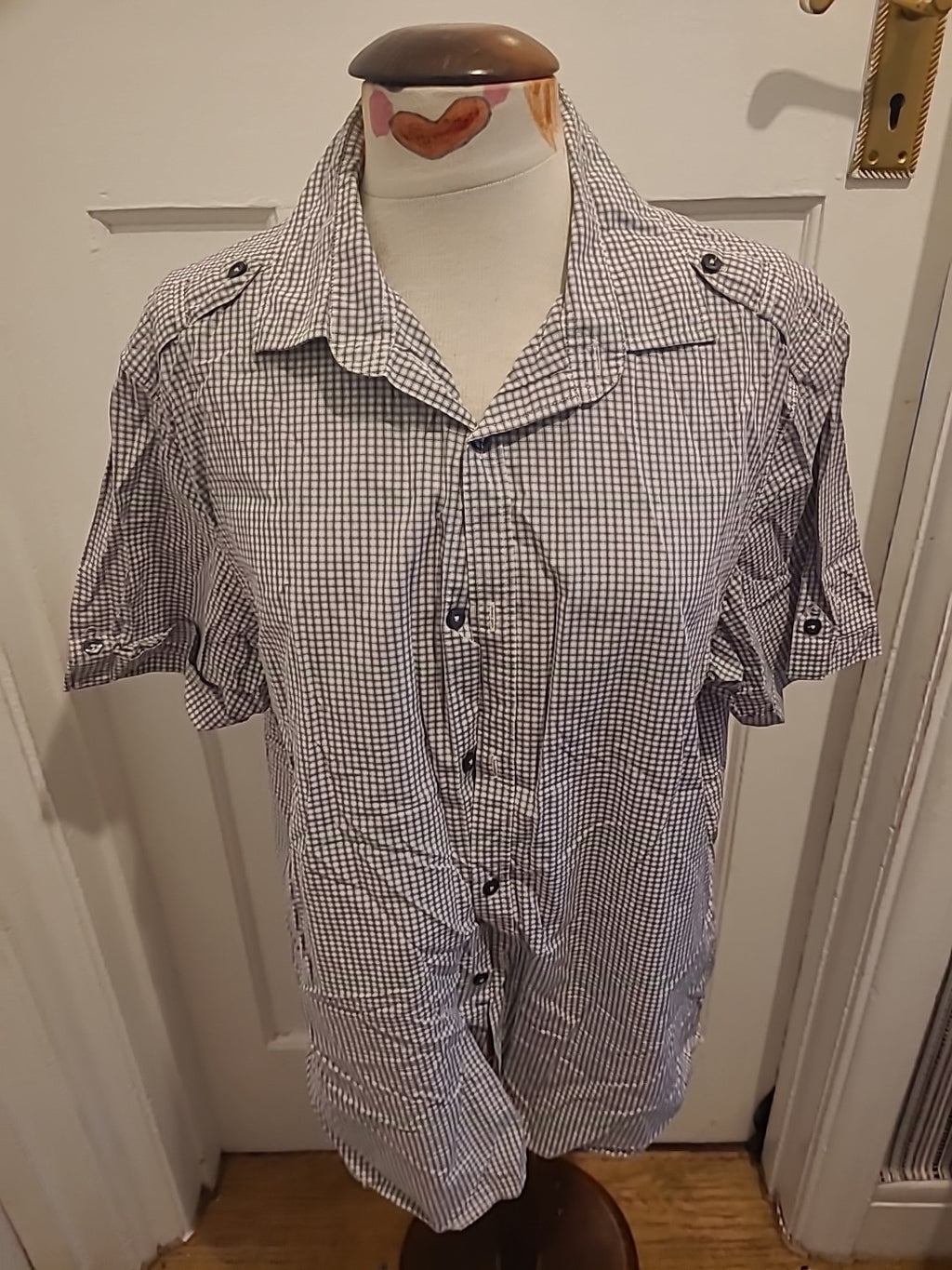 Mens Next Size Large Grey/Navy/White Check Short Sleeved Shirt
