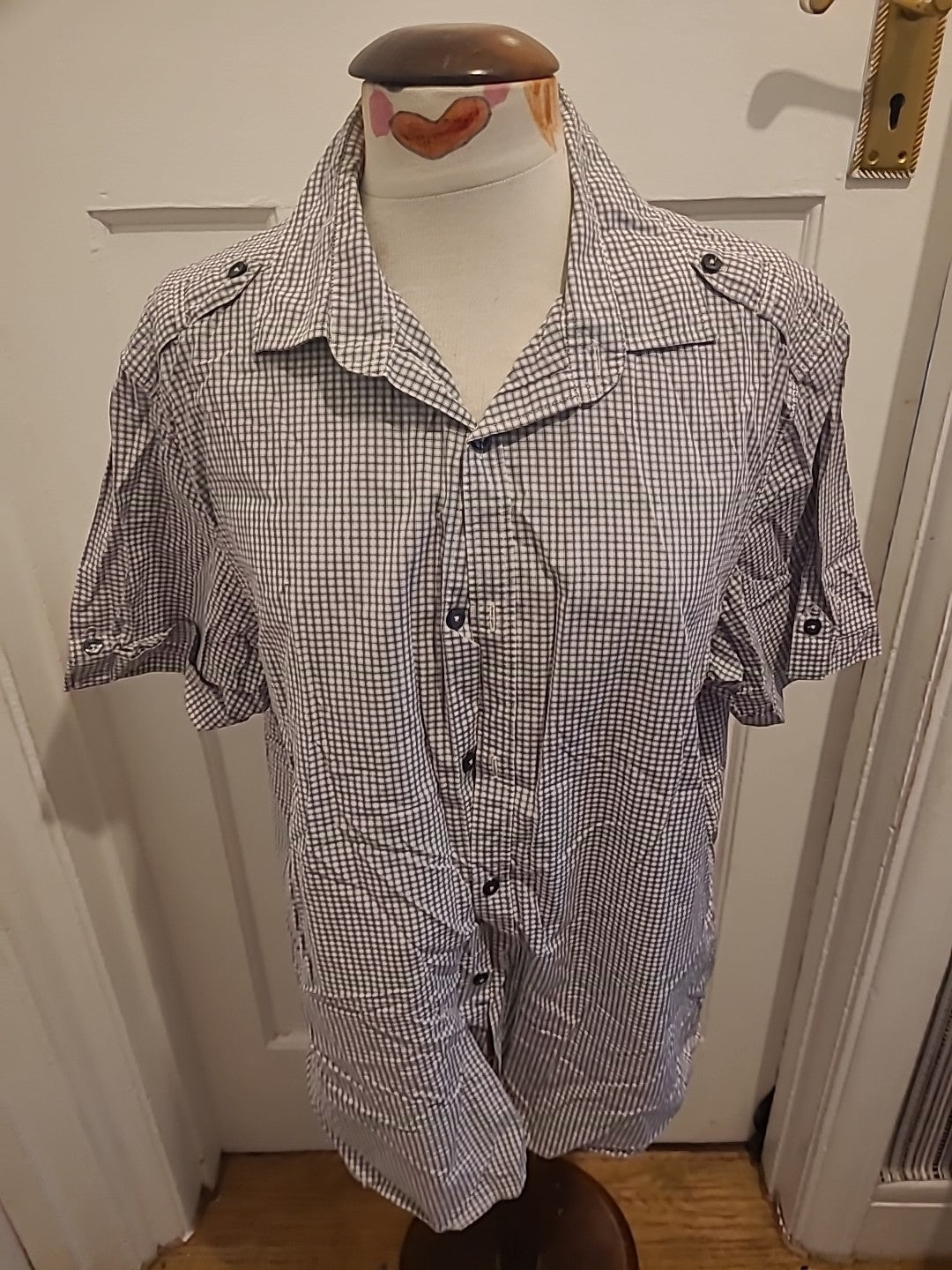 Mens Next Size Large Grey/Navy/White Check Short Sleeved Shirt