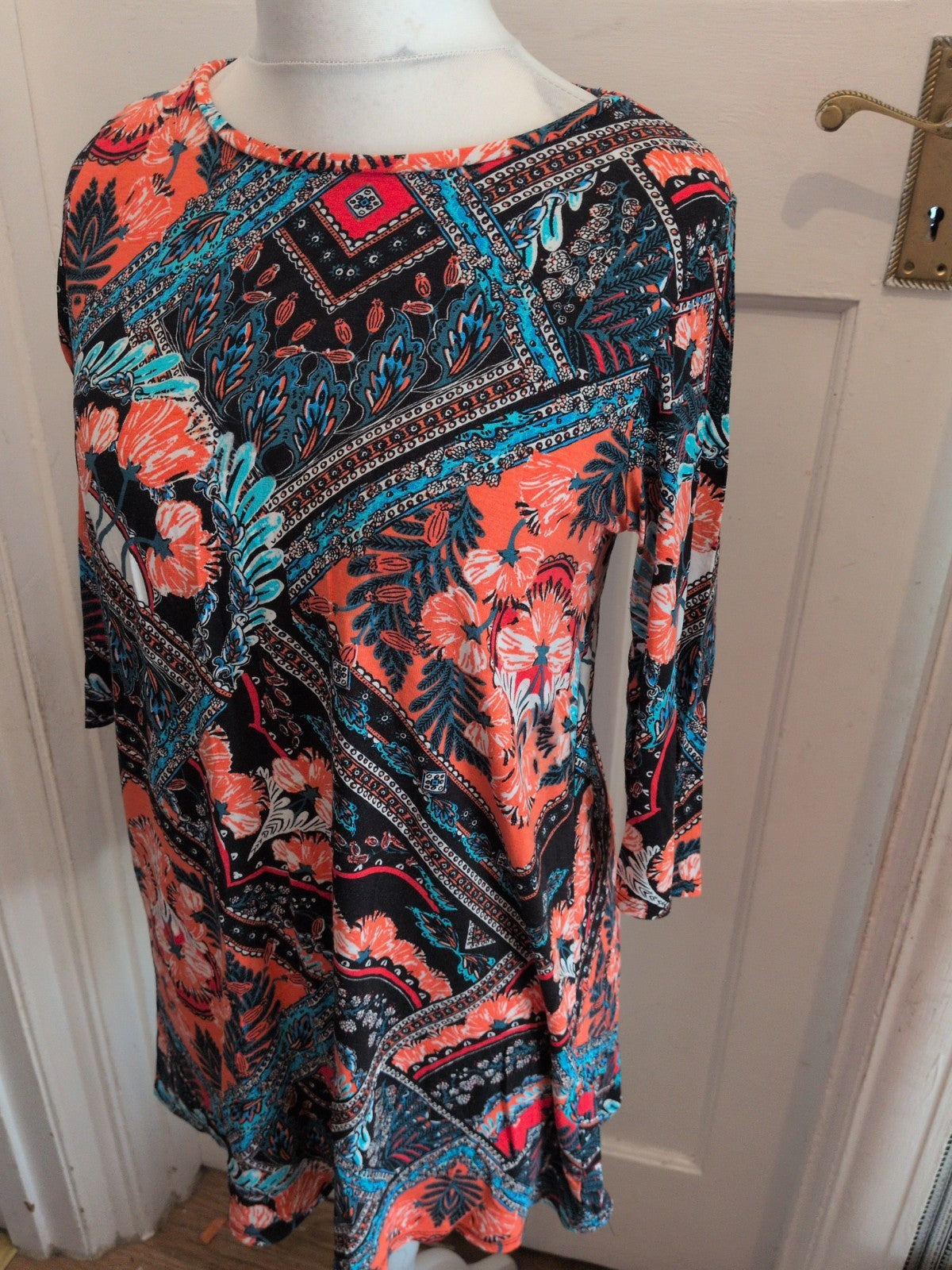 George 14 Black Orange Teal Pink Half Sleeve Dress