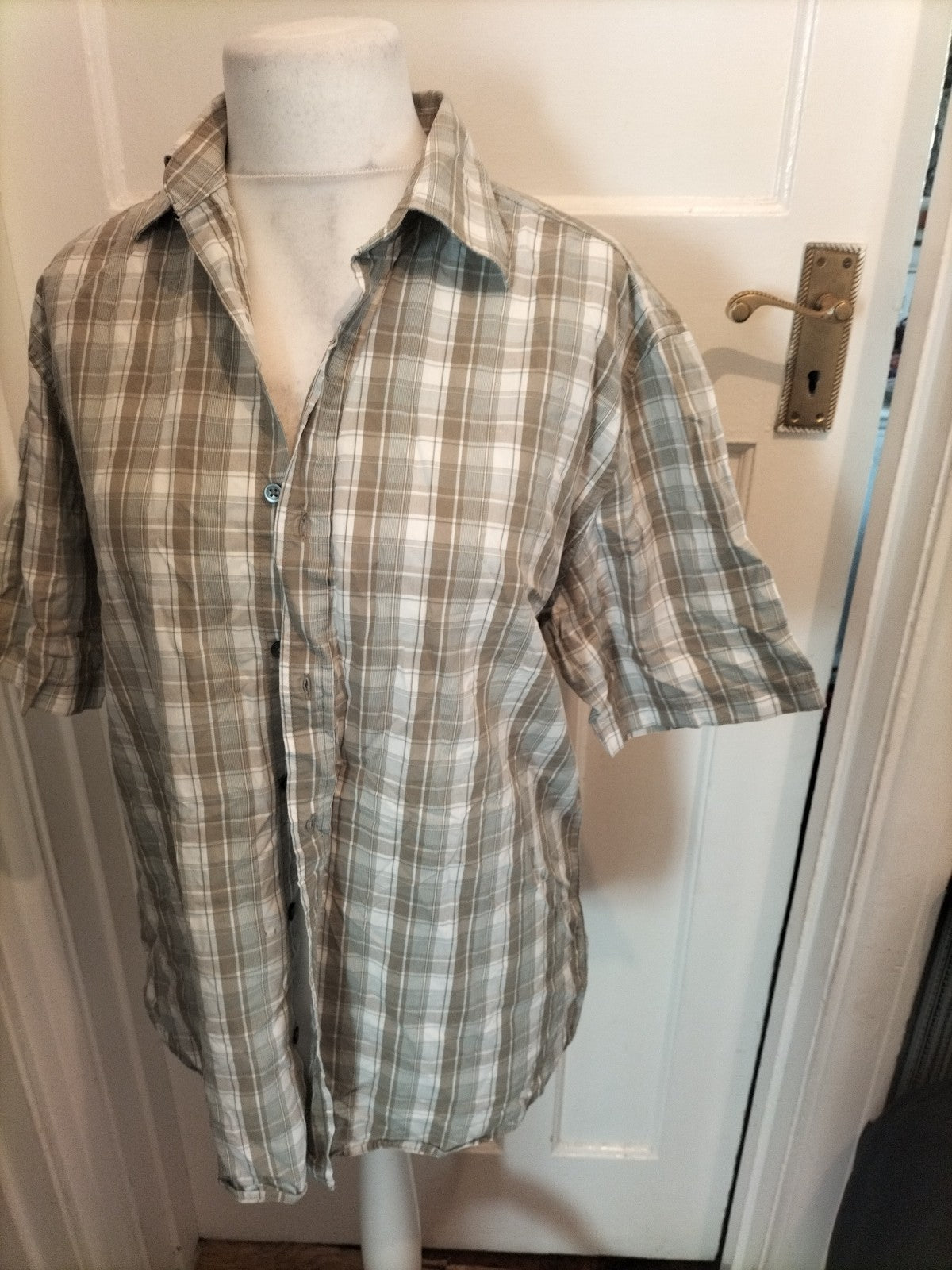 Mens Next Size L Khaki And Grey/White Short Sleeved Shirt