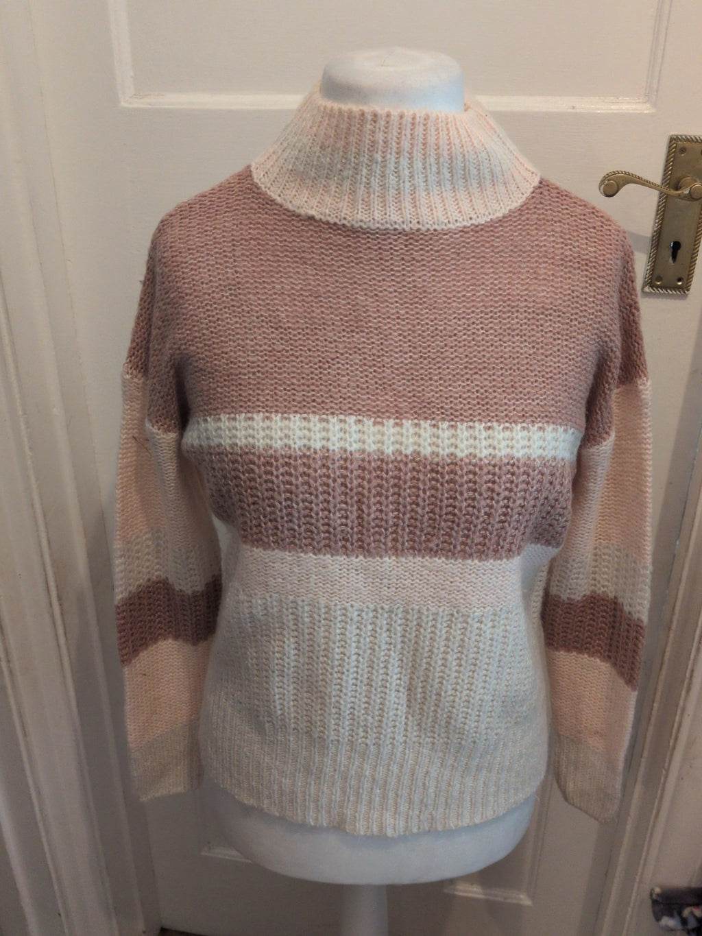 Primark XS Pink White And Pink Knit High Neck Jumper