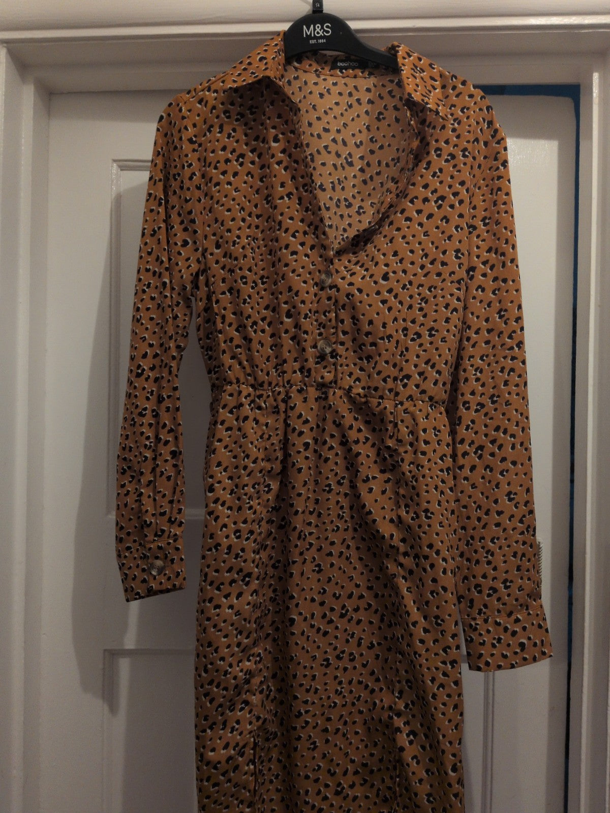 Boohoo 12 Orange Leopard Print Collared Fit And Flare Dress