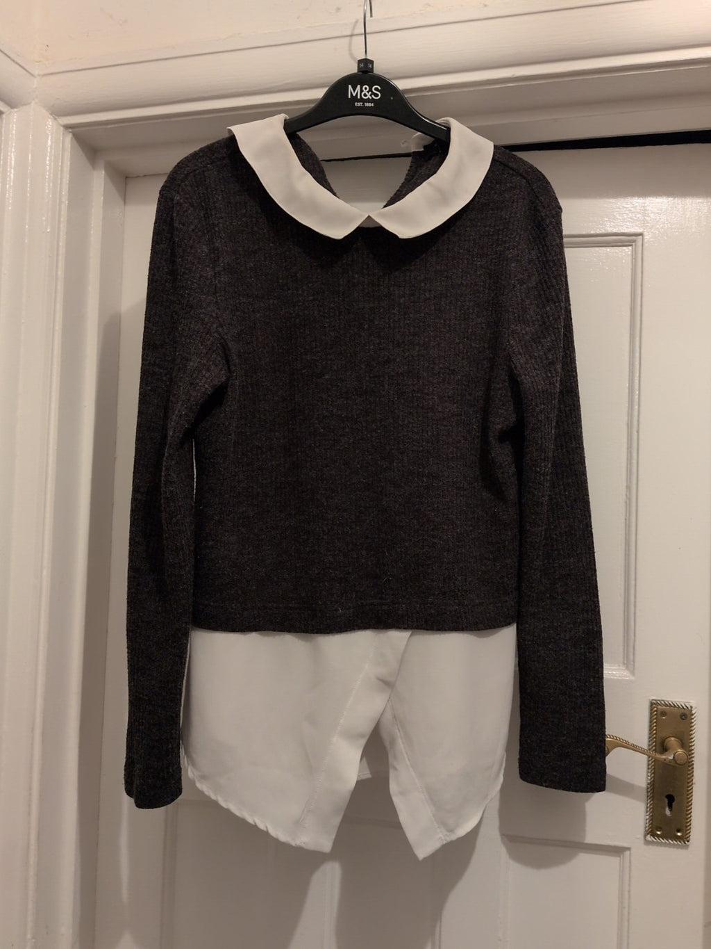 Primark 14 Grey With White Trim Long Sleeved Blouse