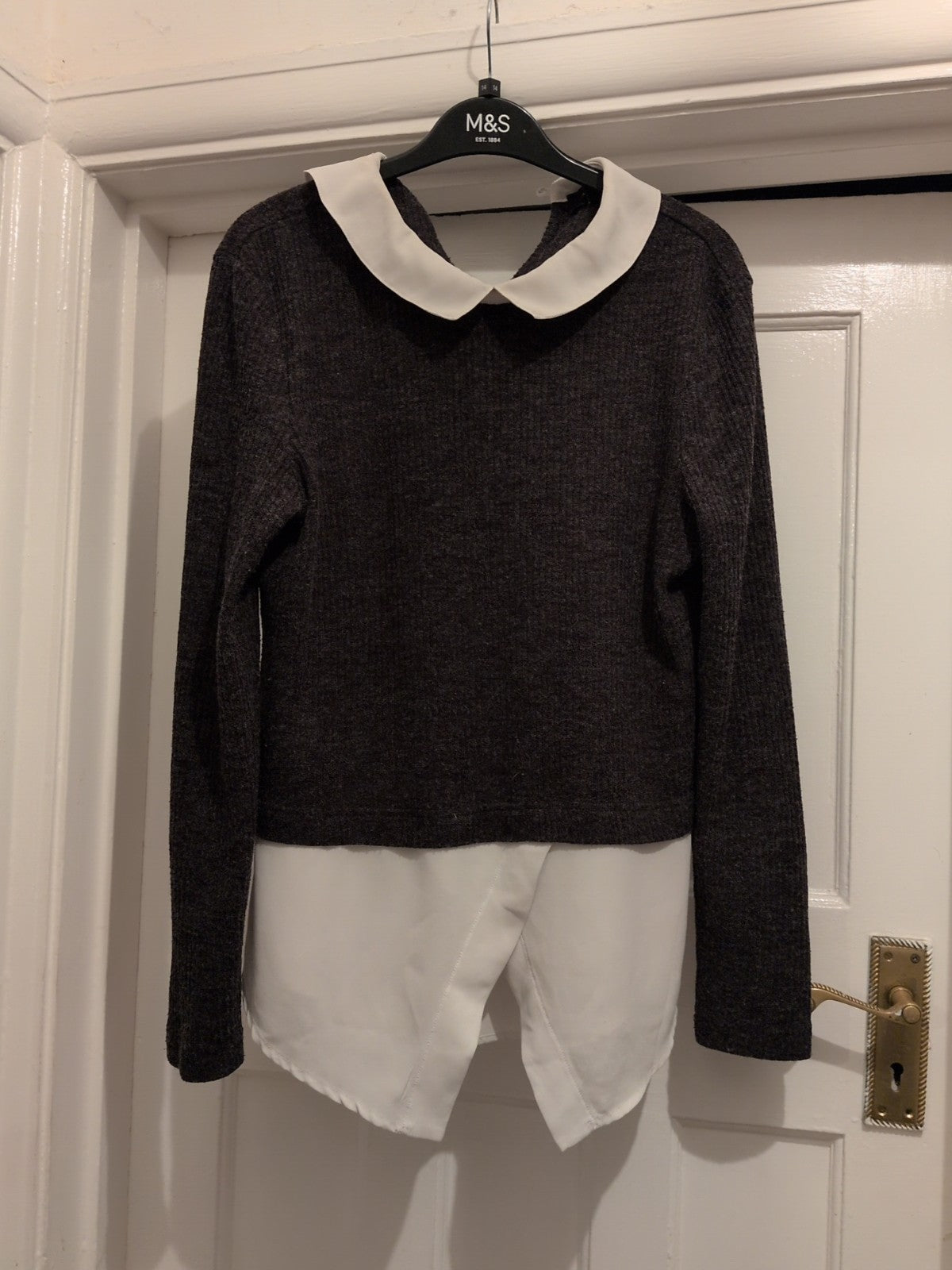 Primark 14 Grey With White Trim Long Sleeved Blouse