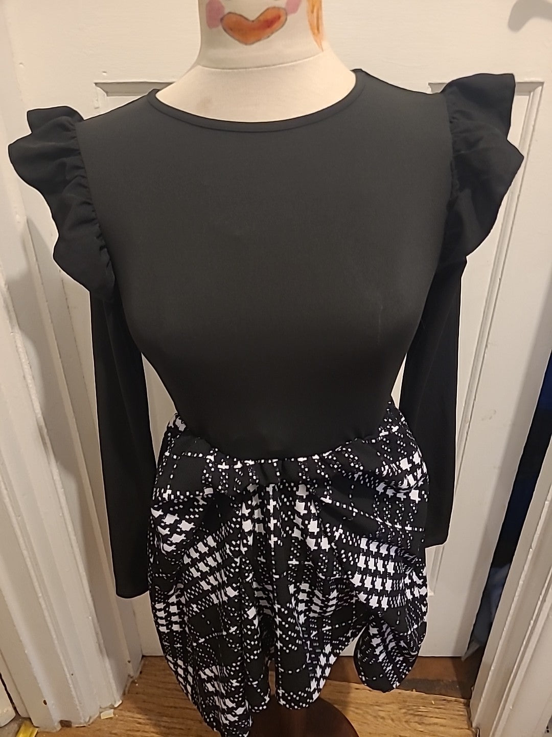 Ladies Shein Size Small Black Upper With Patterned Flare Dress