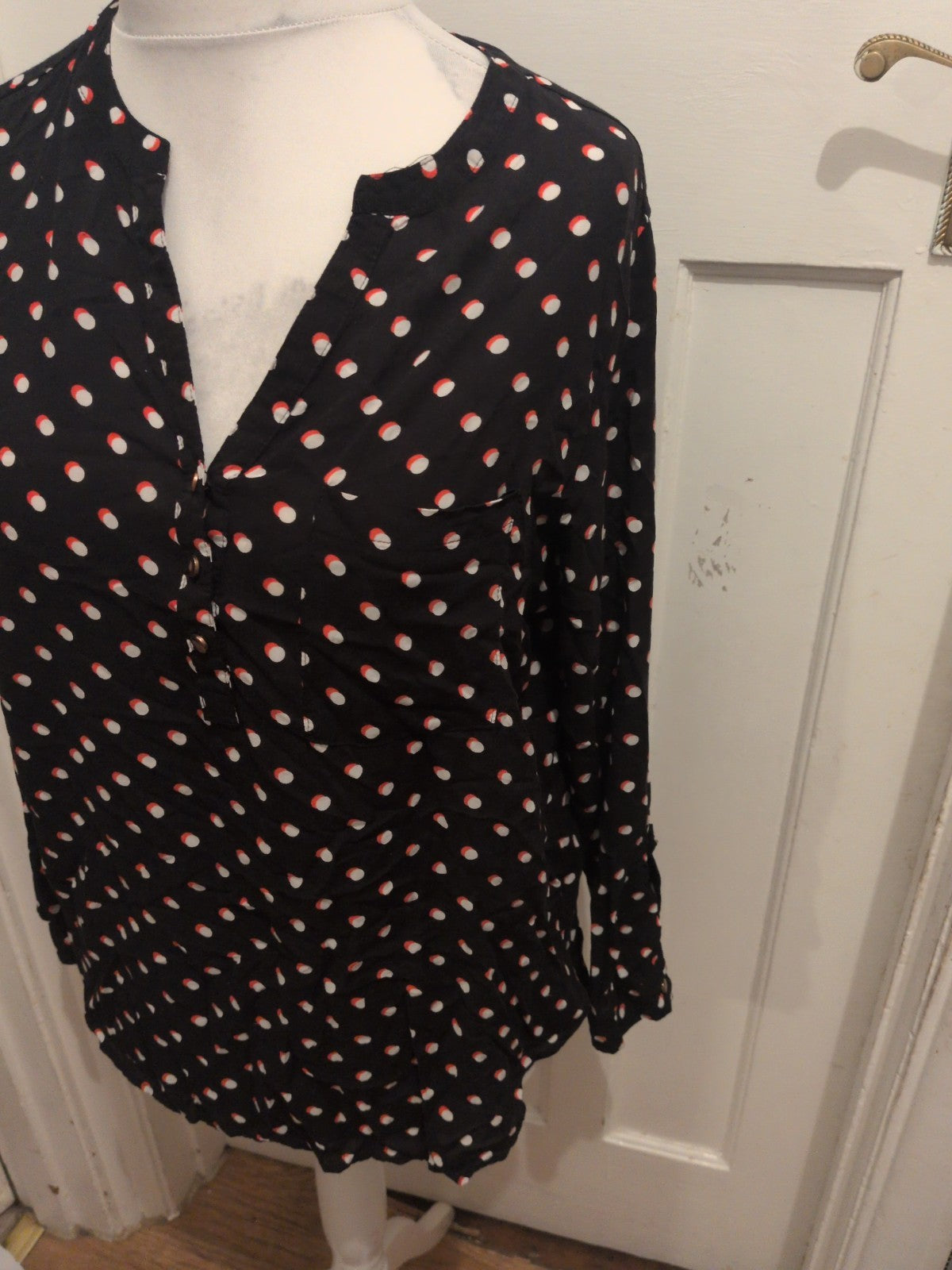 Ladies Primark Size 16 Black With White And Orange Spots Long Sleeve Blouse