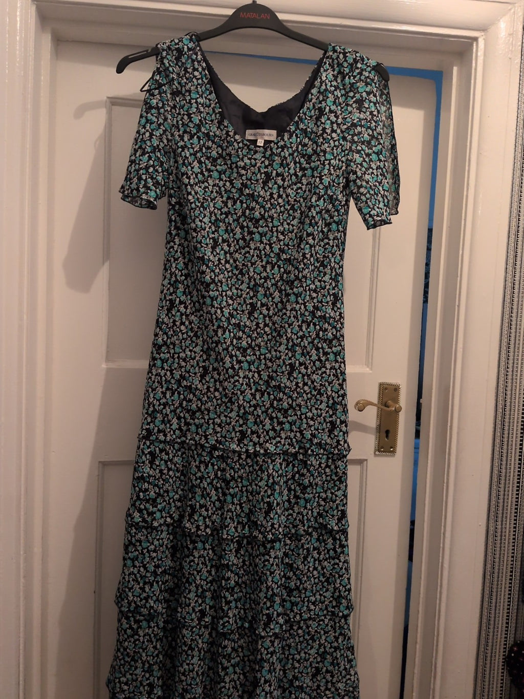 Gray & Osbourne 12 Blue Navy Lined Short Sleeve Long Length Dress