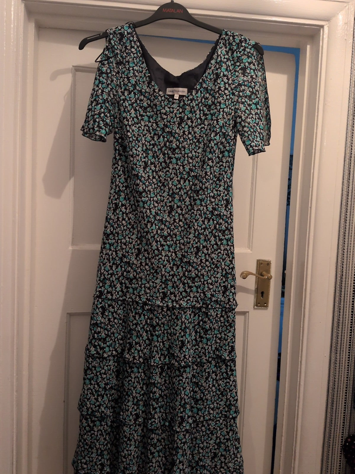 Gray & Osbourne 12 Blue Navy Lined Short Sleeve Long Length Dress