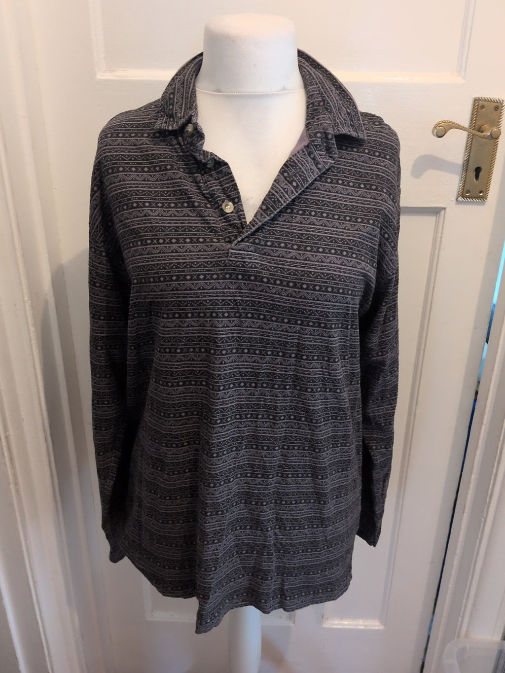 Casual Club Small Grey And Black Pattern Long Sleeve Polo