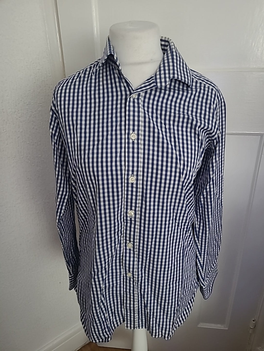 Mens Charles Tyrwhitt Size 15" Blue Check Long Sleeved Shirt