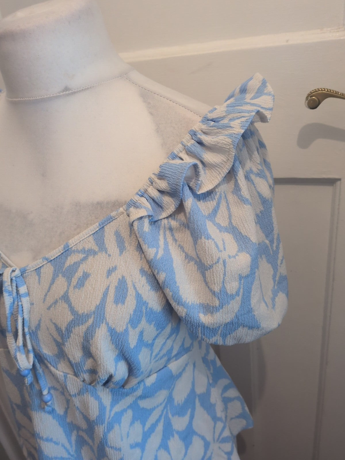 George 14 Blue And White Wide Neck Short Sleeve Blouse