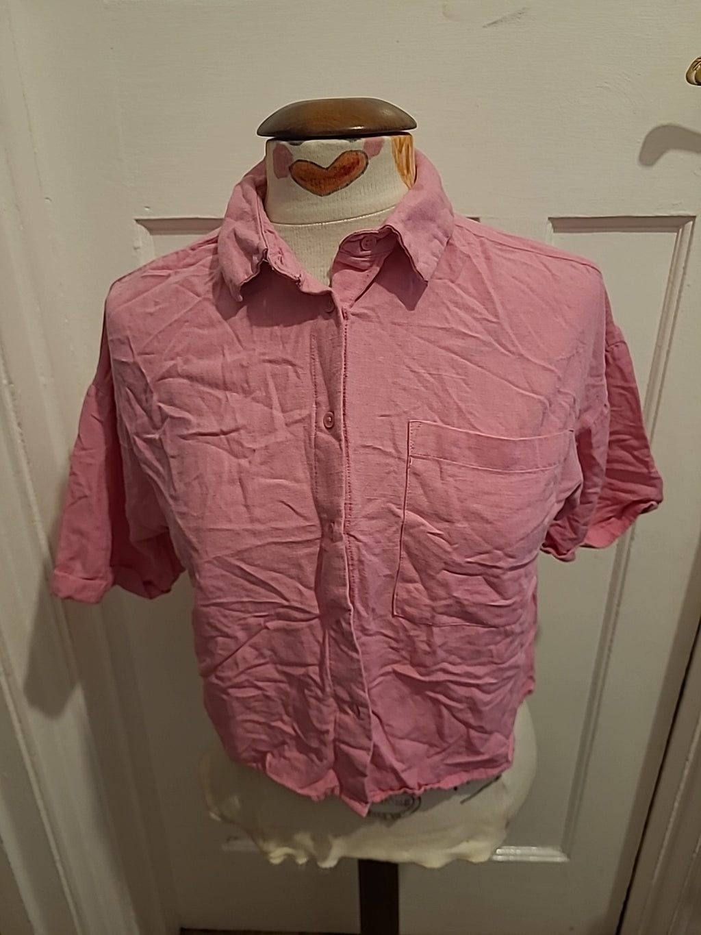 Ladies Primark Size Small Pink Short Sleeved Buttoned Crop Top