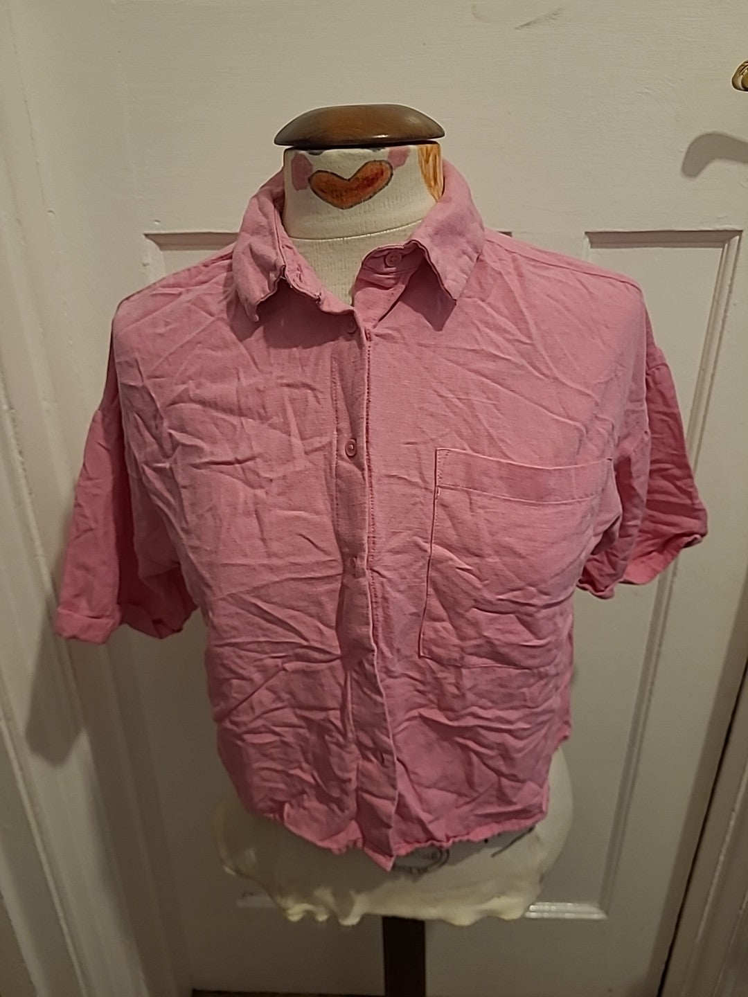 Ladies Primark Size Small Pink Short Sleeved Buttoned Crop Top