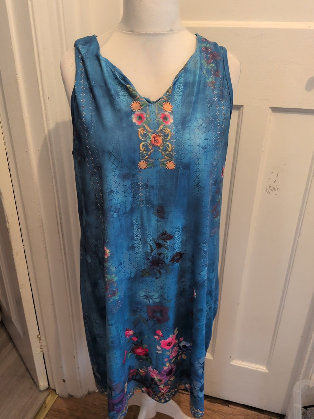 2XL Blue Floral Sleeveless V Neck Dress
