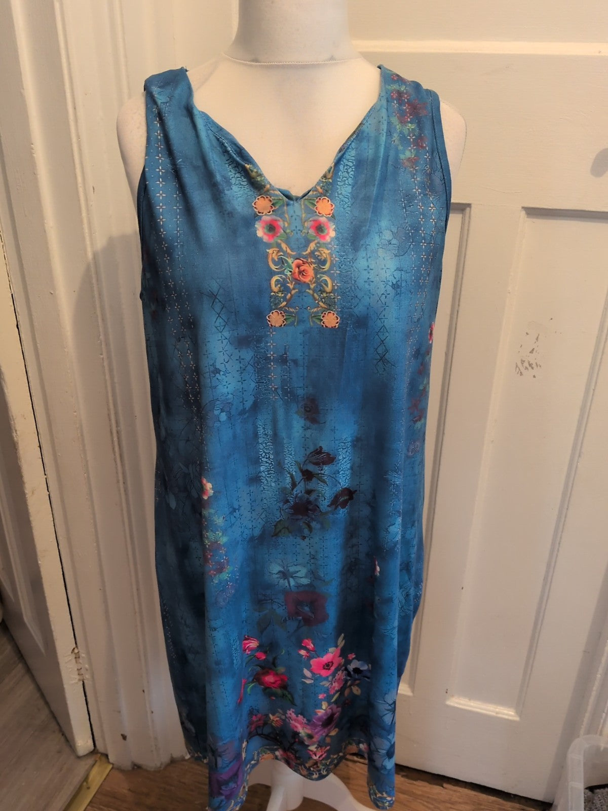 2XL Blue Floral Sleeveless V Neck Dress