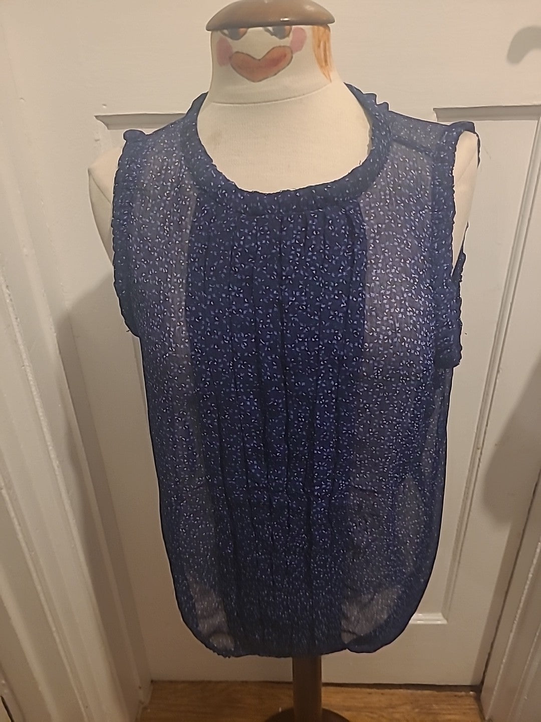 Ladies Size XL Navy Patterned Sleeveless See Through Blouse