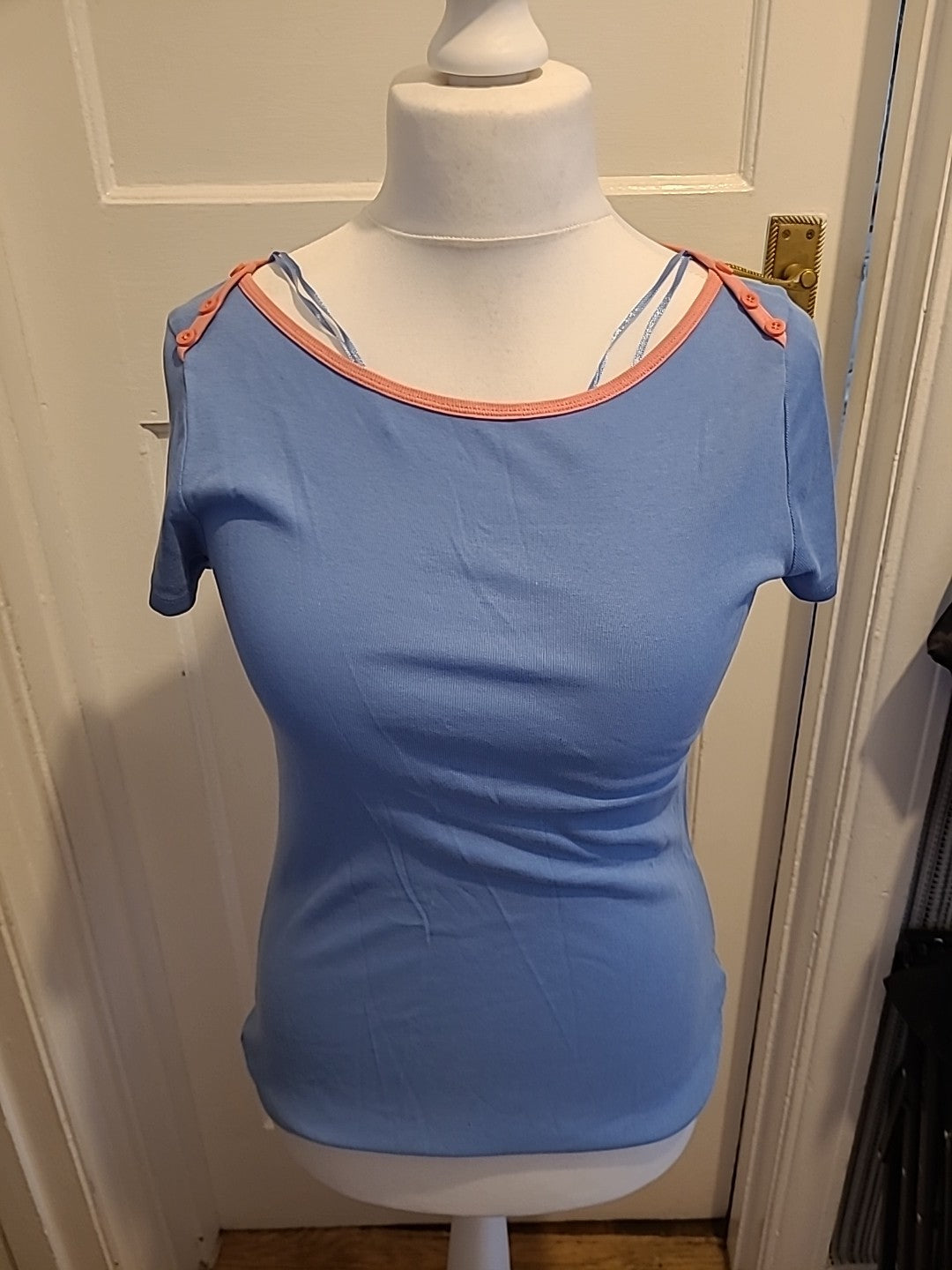 Ladies F&F Size 14 Blue With Pink Short Sleeved Tshirt