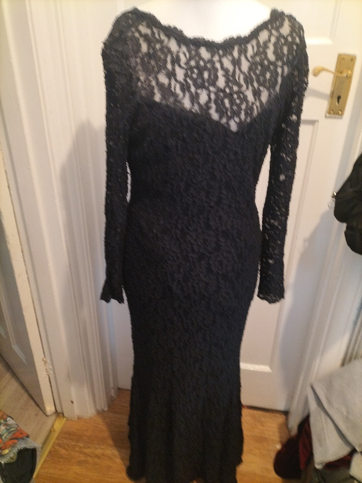 Ladies John Charles Special Occasion Black Lace Long Dress Size 14 Large V Back