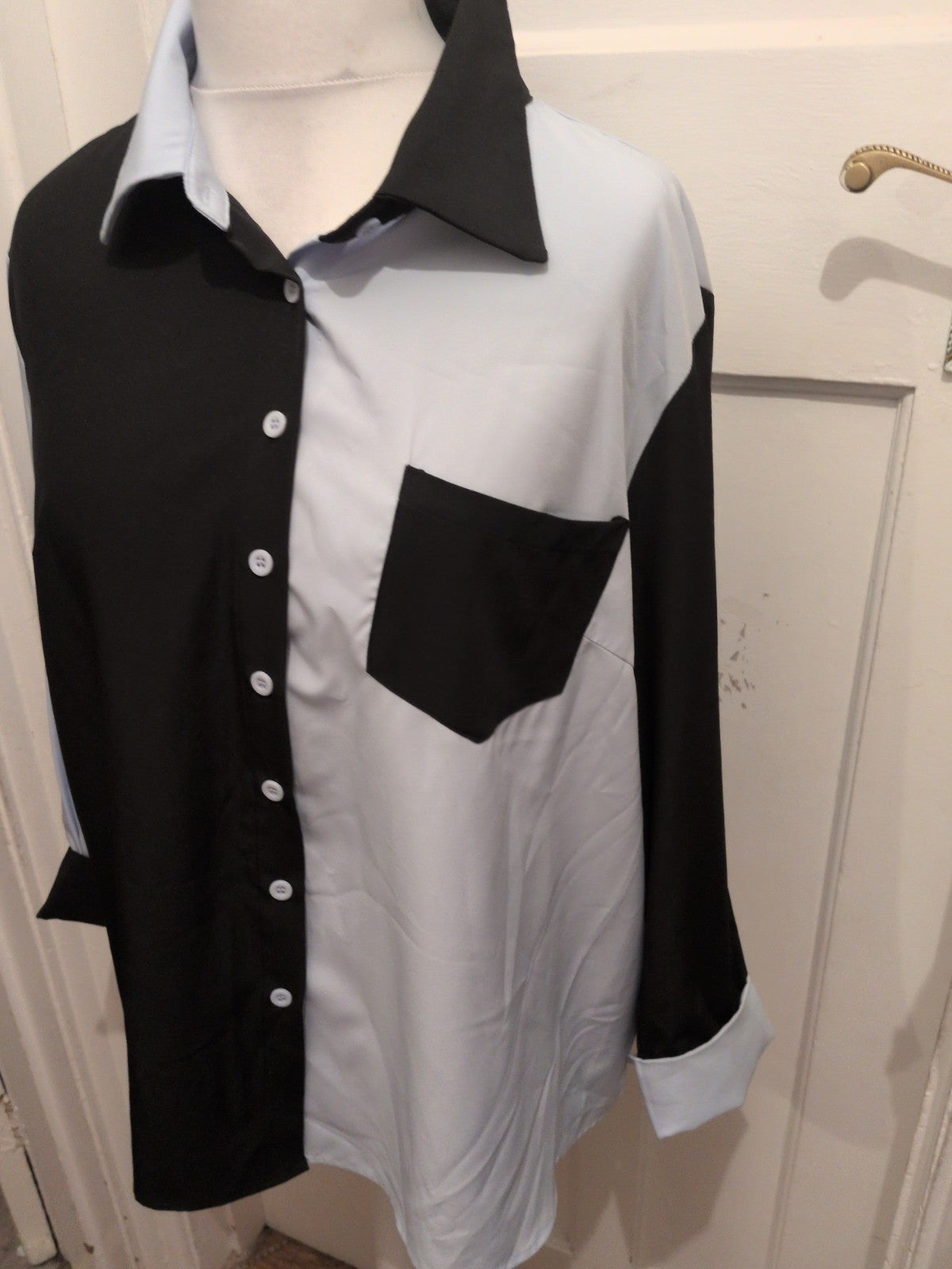 Shein XL Black And White Long Sleeve Button Collared Blouse