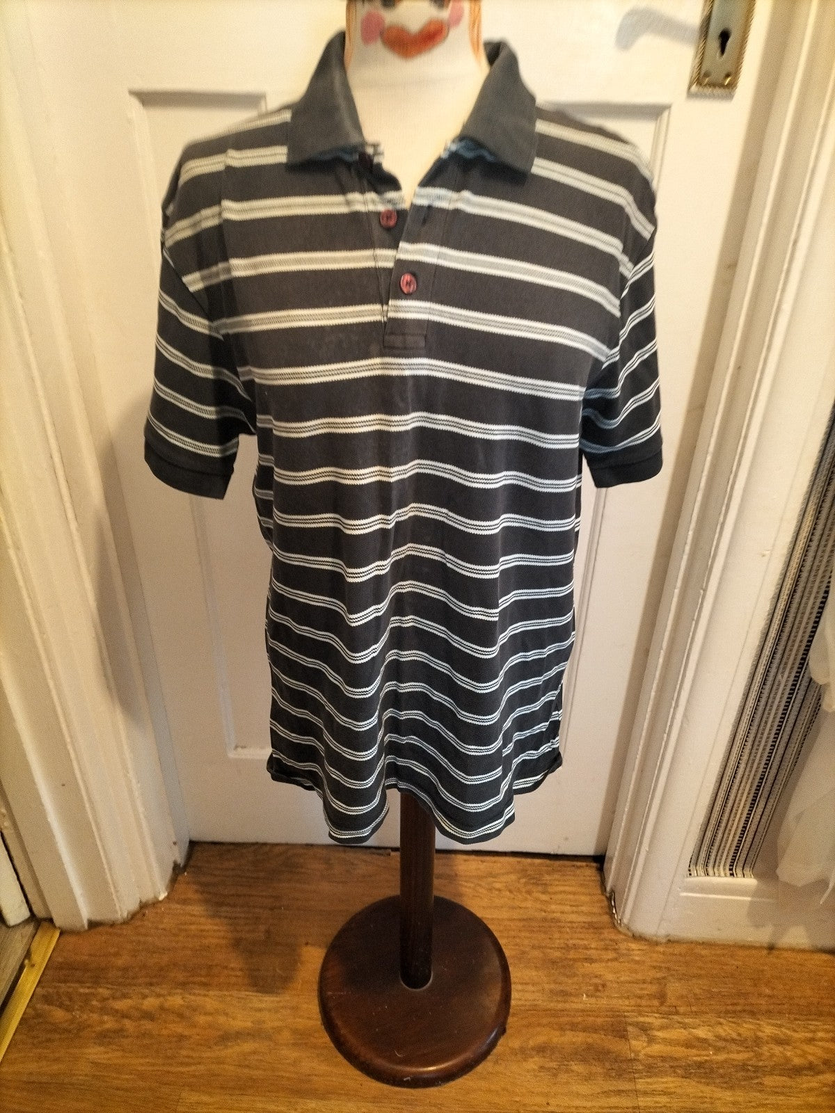Mens Easy Size Medium Navy/White Striped Polo(neck Marked)