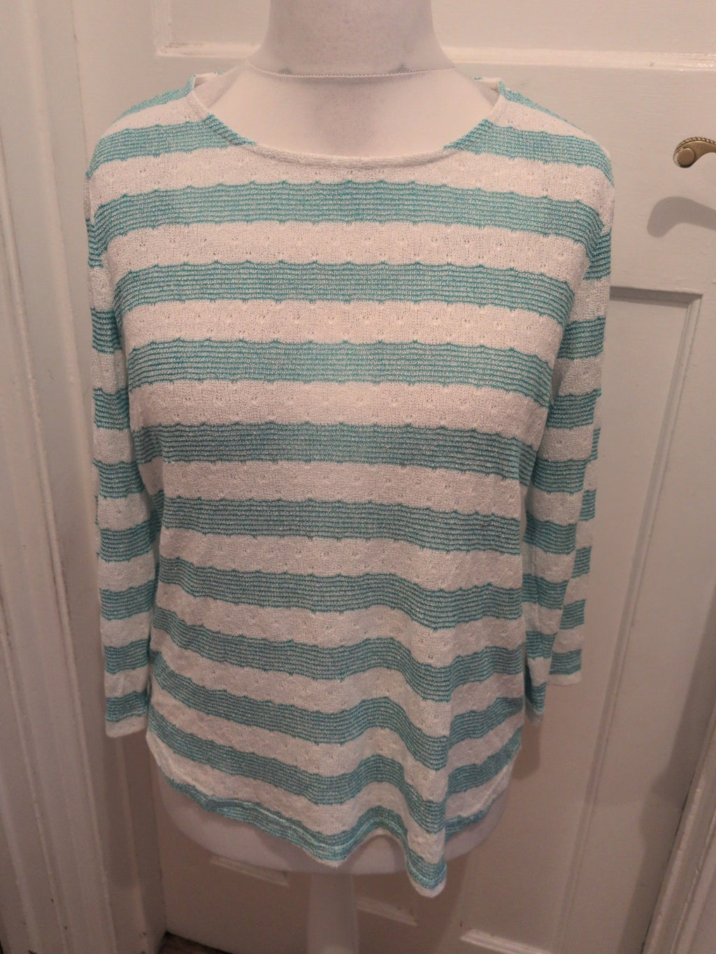 BM Causal 16 Aqua White Stripe Long Sleeve Blouse