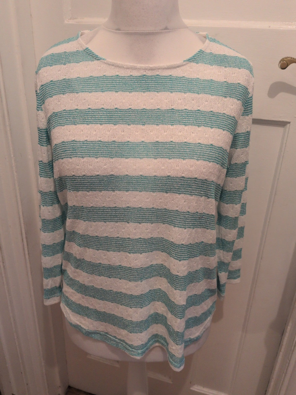 BM Causal 16 Aqua White Stripe Long Sleeve Blouse
