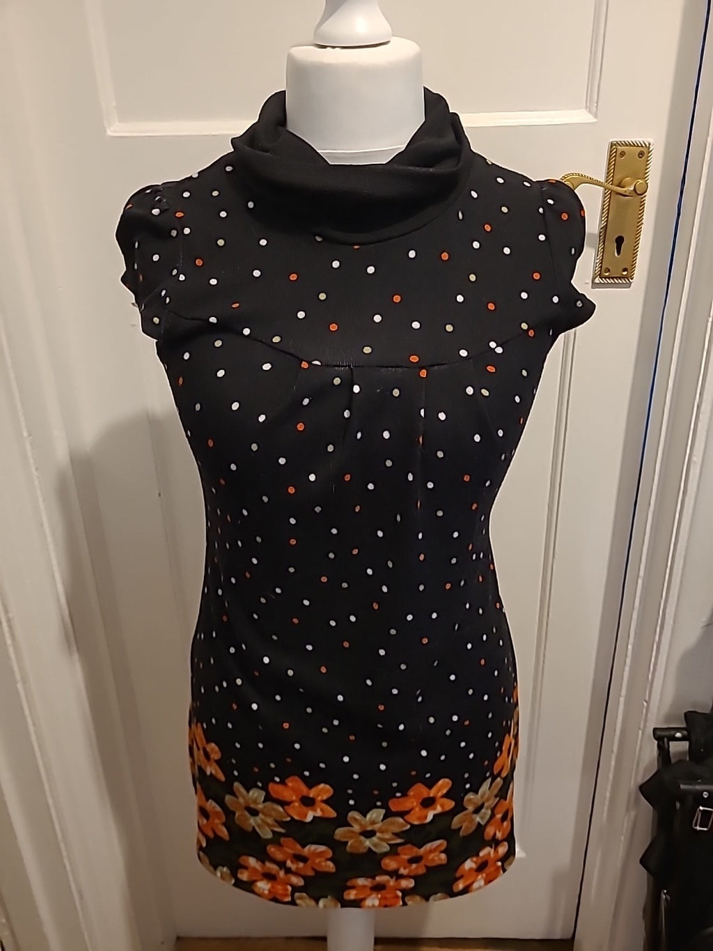 Ladies Pussycat Size Black And Orange Floral High Neck Dress