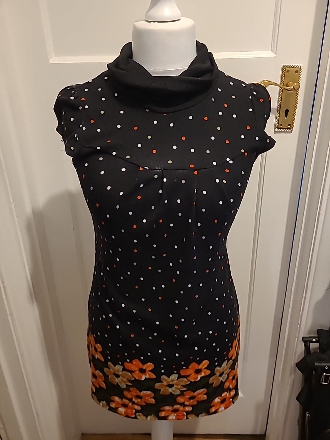 Ladies Pussycat Size Black And Orange Floral High Neck Dress