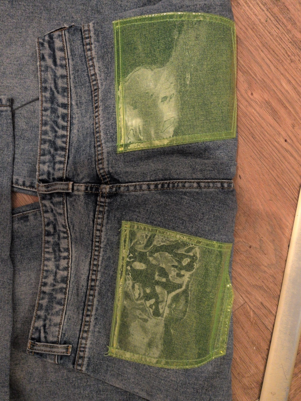Ladies Prettylittlething Size 14 Wide Leg Denim Jeans With Yellow Pocket