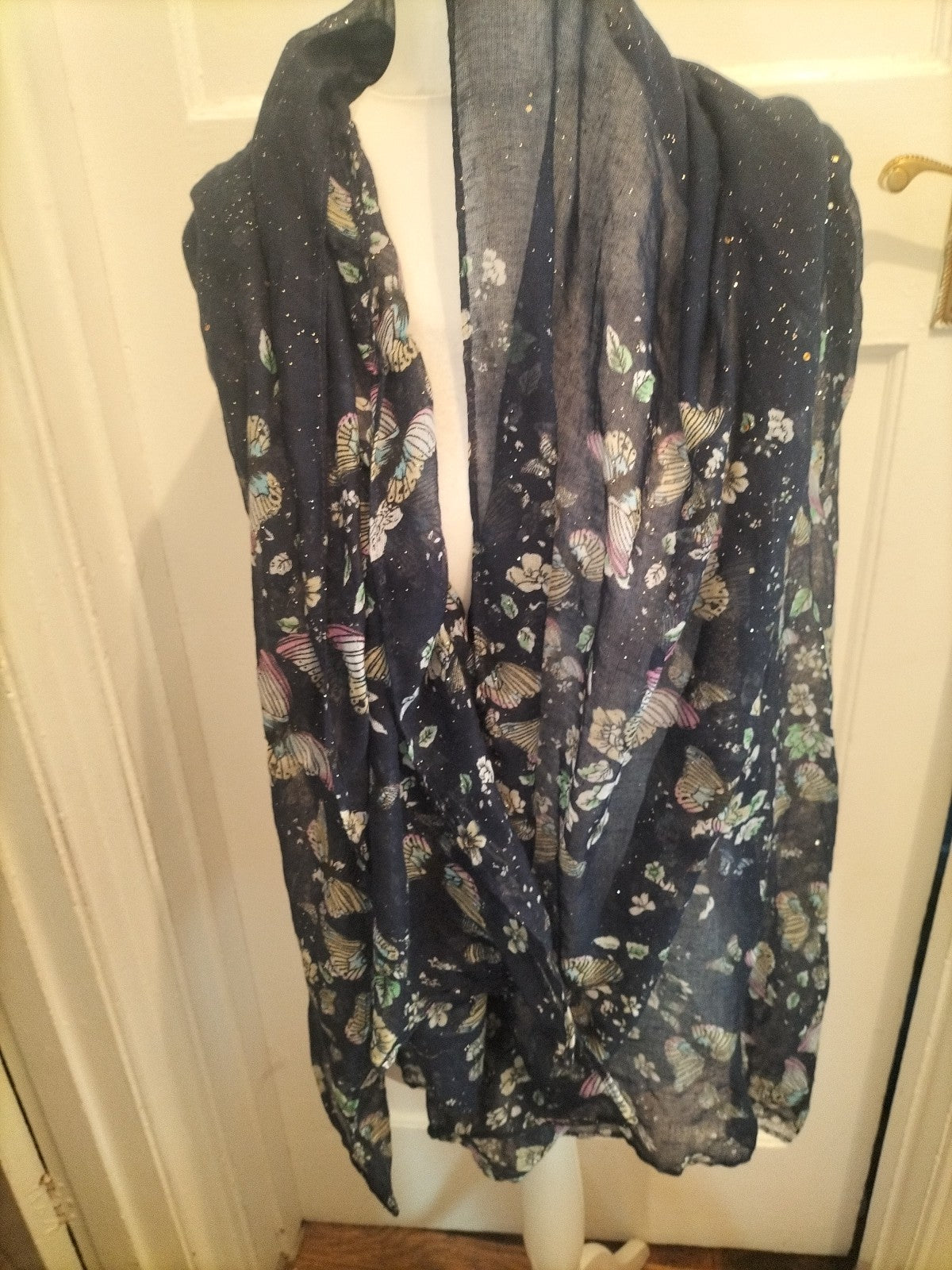 Large Navy Floral Butterfly Thin Scarf