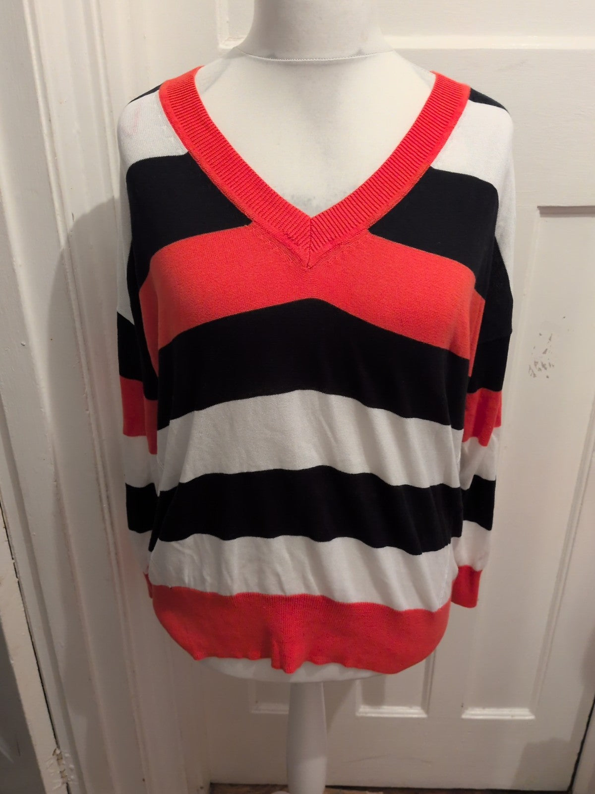 M&S Large Orange Black And White V Neck Jumper