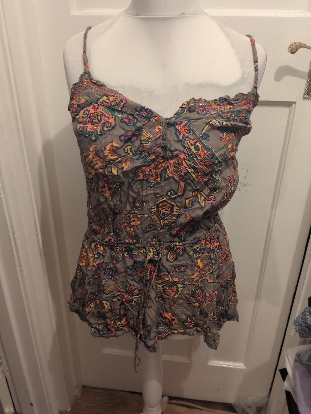 River Island 12 Green With Multicoloured Pattern Sleeveless Blouse