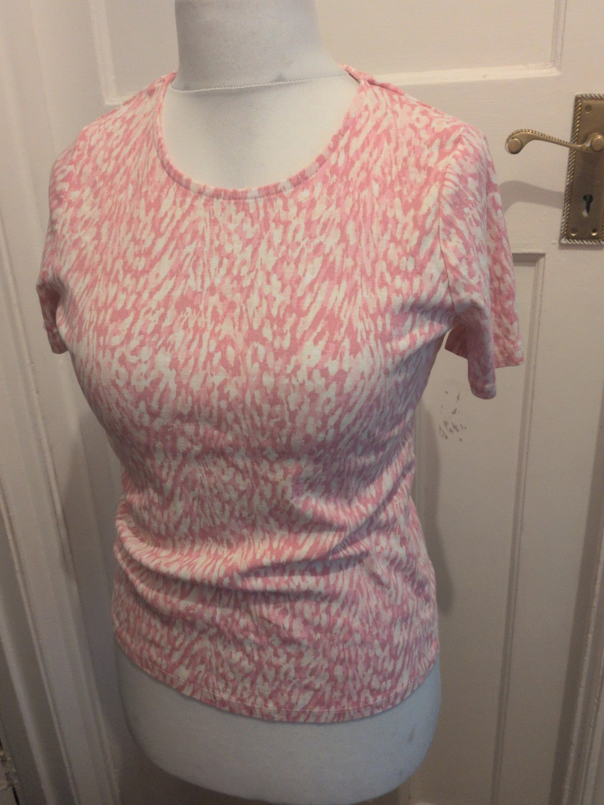 Bonmarche 14 Pink And White Patterned Short Sleeve T-shirt