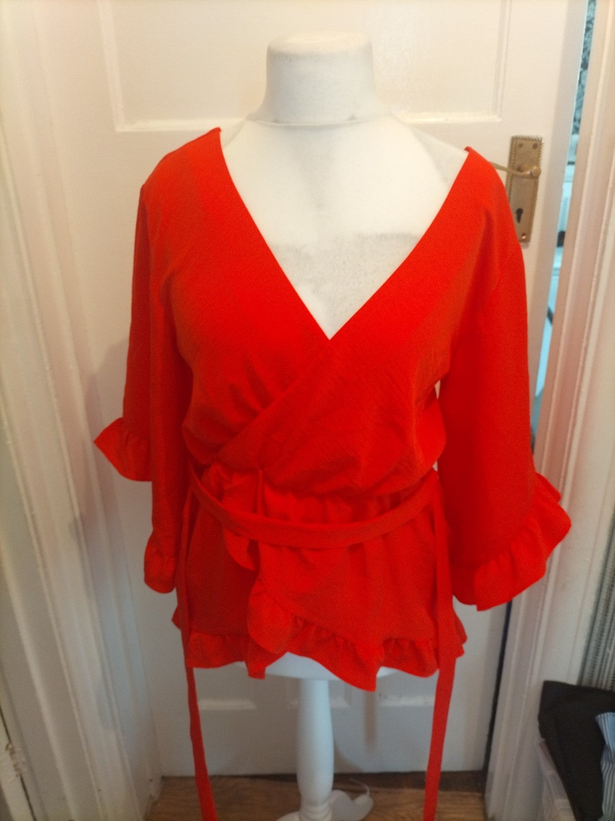 Ladies River Island Size 12 Orange Wide Sleeved Blouse With Tie