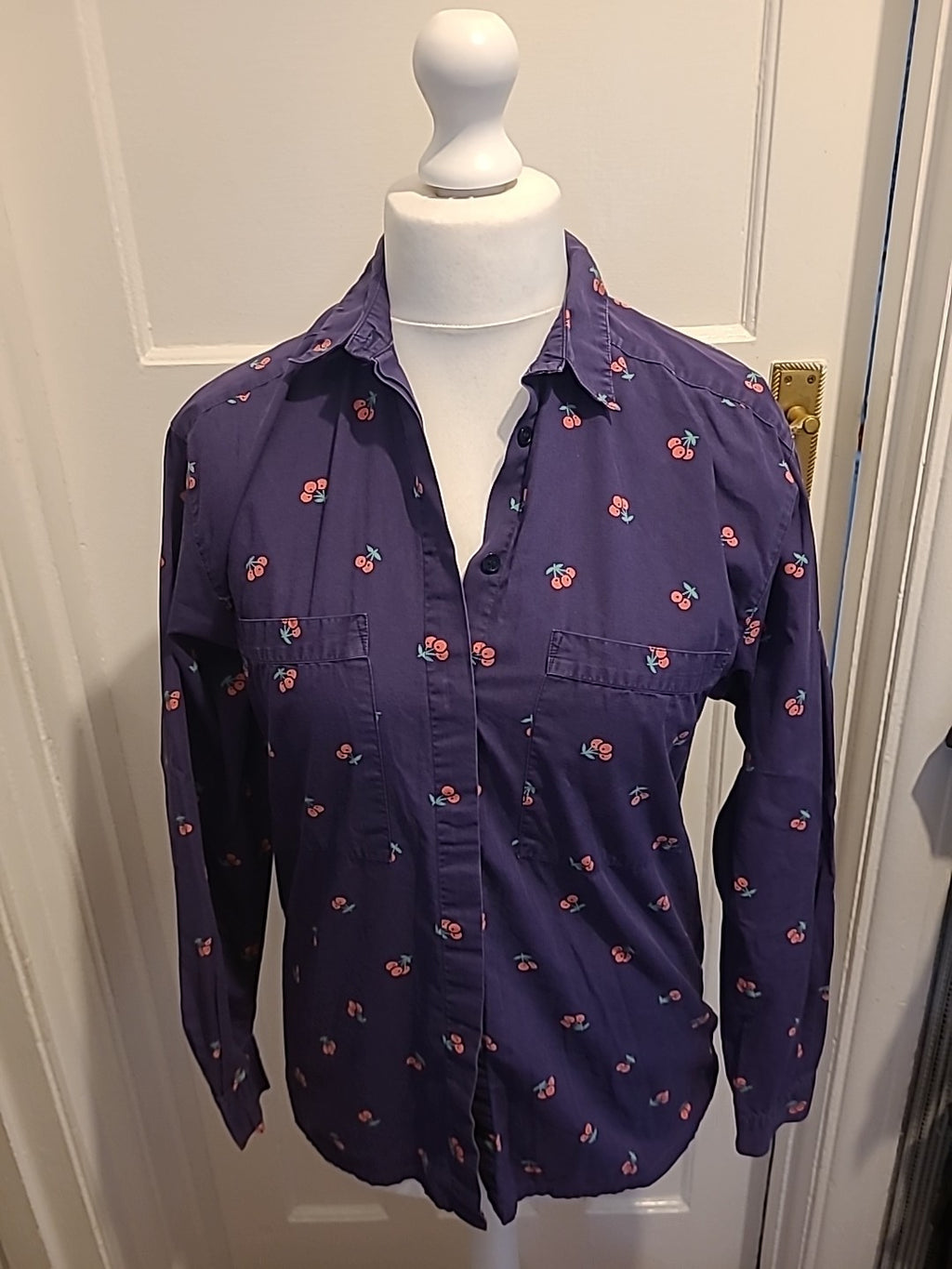 Ladies Jumpers Size Medium Purple With Cherries Long Sleeved Blouse
