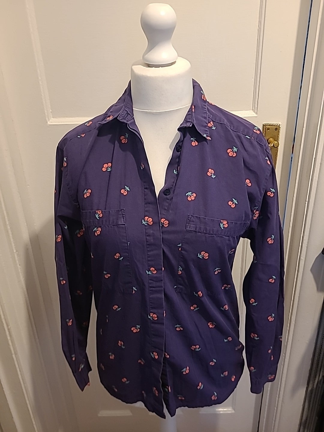 Ladies Jumpers Size Medium Purple With Cherries Long Sleeved Blouse