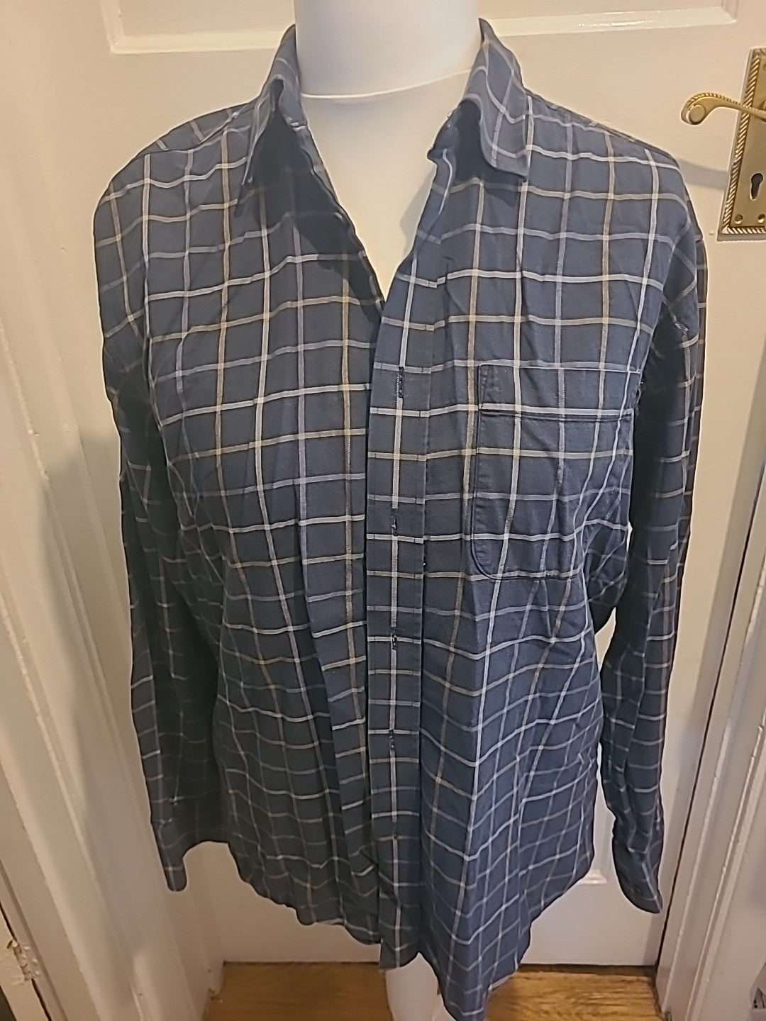 Mens Marks And Spencer Size 15.5" Cotton Twill Navy Check Long Sleeved Shirt