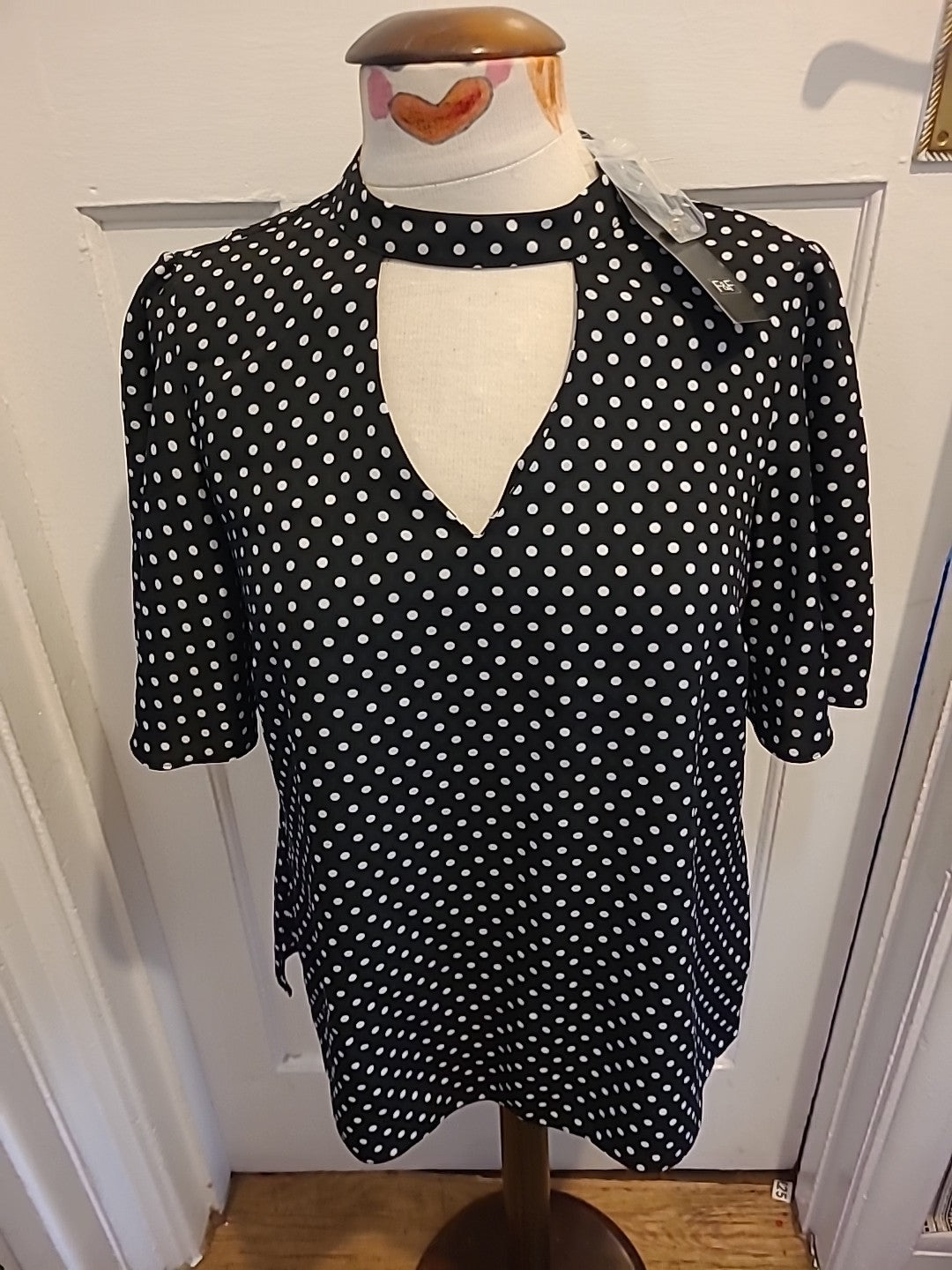Brand New Ladies F&F Size 10 Navy White Spotted Short Sleeved Blouse