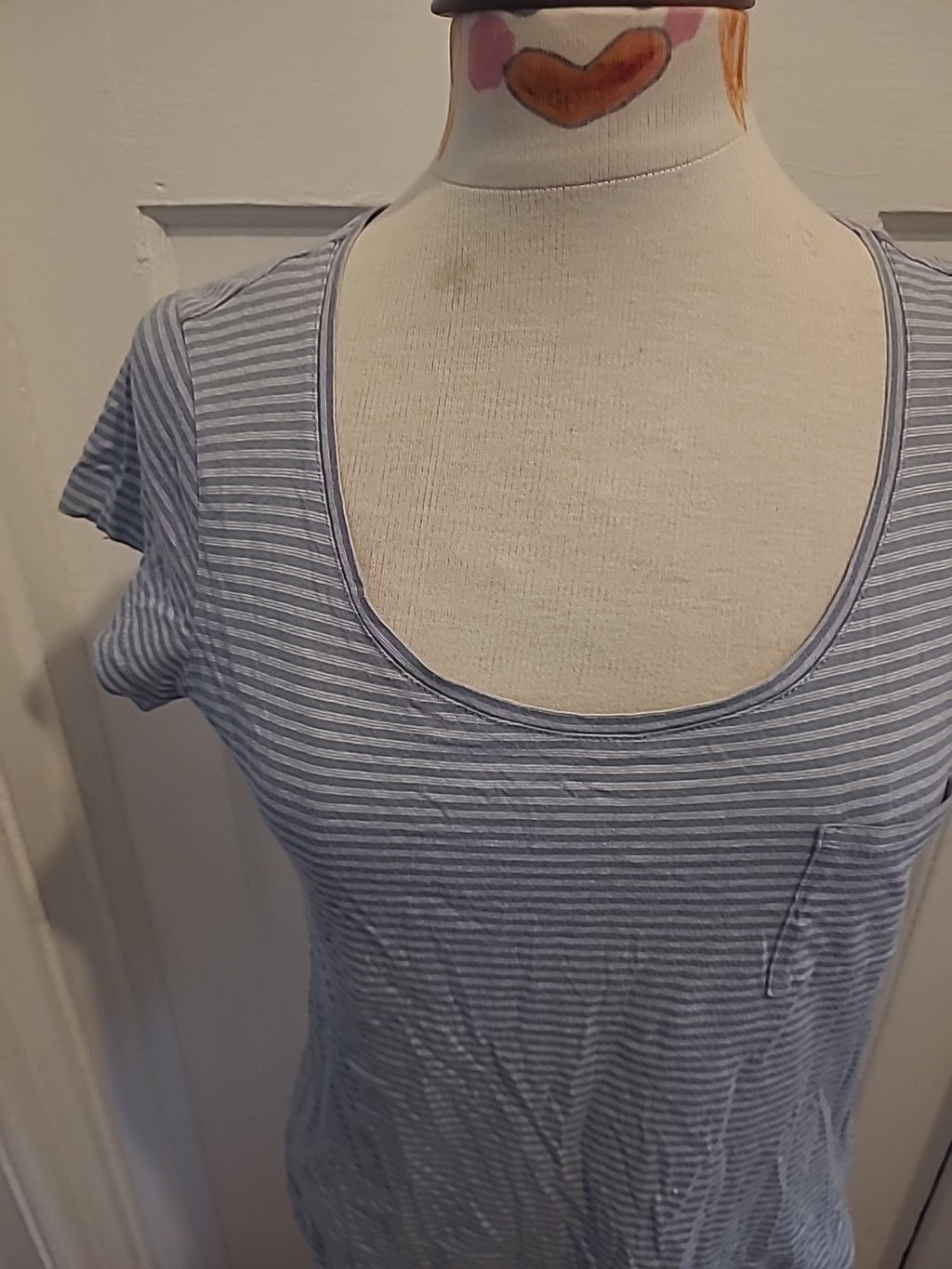 Ladies Sandwich Size Medium Grey White Striped Short Sleeved Tshirt