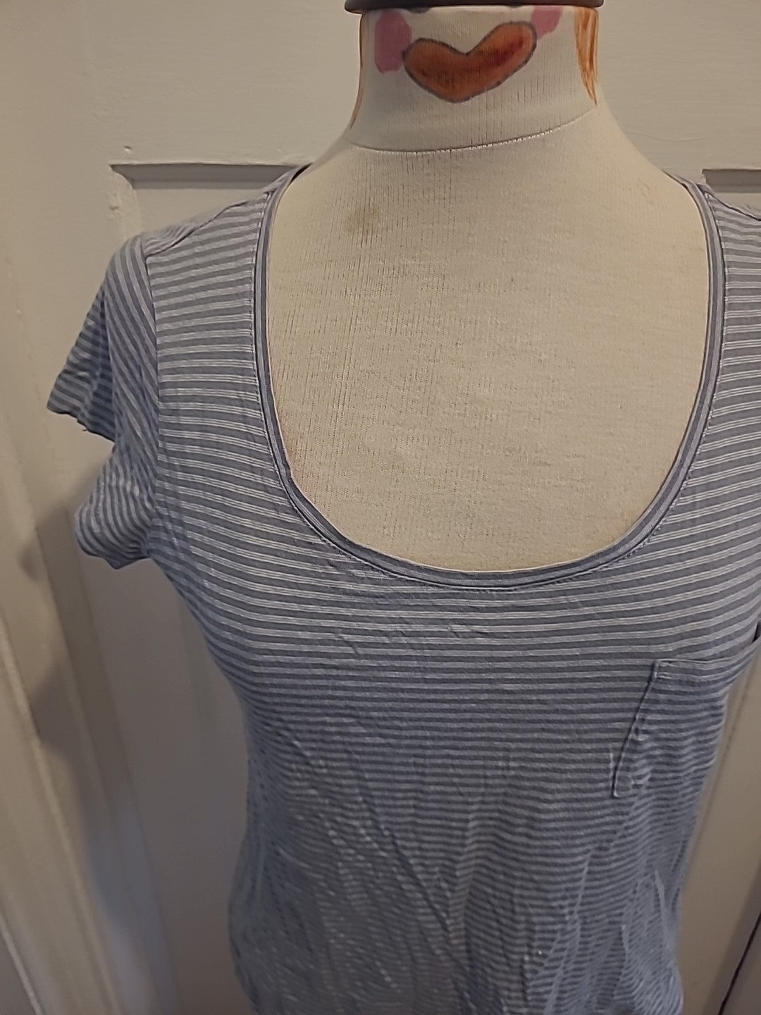 Ladies Sandwich Size Medium Grey White Striped Short Sleeved Tshirt